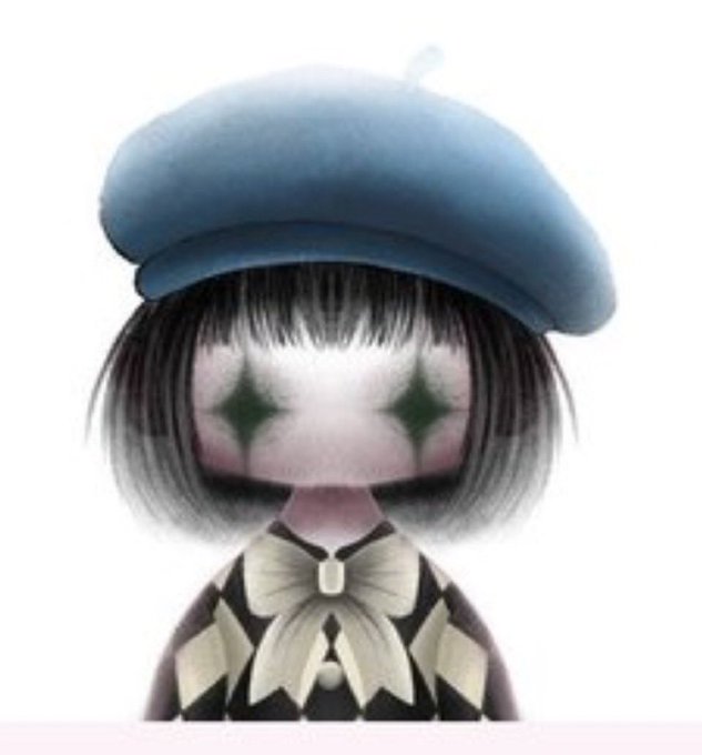 A pale, doll-like figure with dark hair wearing a blue beret, featuring star-shaped eyes and a striped top with a bow.