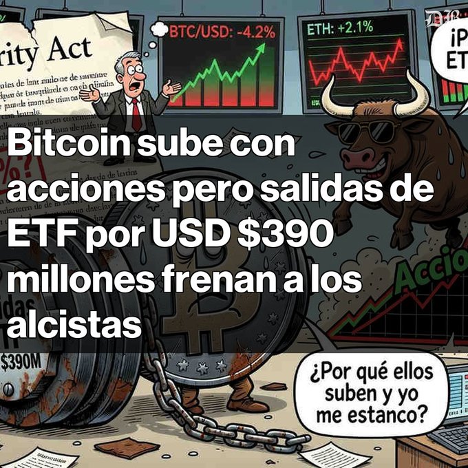 A Spanish-language crypto cartoon showing a frustrated man chained to a Bitcoin, with text discussing BTC/USD down 4.2%, ETH up 2.1%, and $390M in ETF outflows stopping the bulls, with a character saying "¿Por qué ellos suben y yo me estanc?"