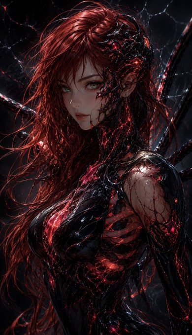 A dark, detailed digital illustration of a woman with long red hair, her body partially transformed into a glossy black, cracked substance with glowing red veins running through it.
