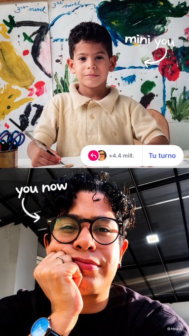 A split image showing a child labeled 'mini you' holding a paintbrush at the top, and an adult man labeled 'you now' wearing glasses at the bottom, with a game notification reading '+4.4 mill. Tu turno' between them.