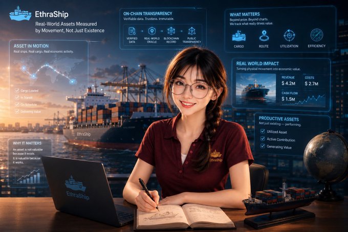 A stylized digital illustration shows a smiling young woman with glasses and a braid sitting at a desk with a notebook and EthraShip-branded laptop, surrounded by holographic dashboards displaying shipping data, on-chain transparency metrics, and a "Real World Impact" panel showing $4.2M revenue.