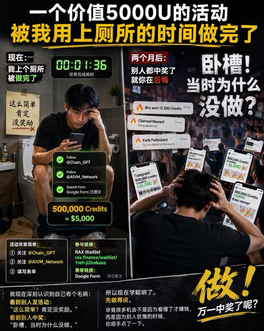 A split-image meme comparing a man casually completing a $5,000 credit giveaway (500,000 Credits ≈ $5,000) on his phone in 1 minute 36 seconds versus a later scene of him regretting as others claim rewards like "Bro won 12,500 Credits," "Claimed Reward," and "Early Participant" on AIVM Network. The image humorously illustrates the poster's realization about their habit of dismissing simple activities only to regret not participating later, leading to the conclusion to "do it first" and see what happens.