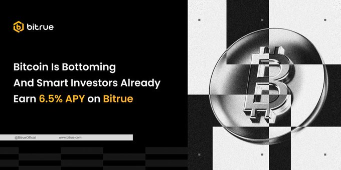 The image is a black-and-white promotional banner from Bitrue featuring a metallic Bitcoin coin on a checkered background, with text reading "Bitcoin Is Bottoming And Smart Investors Already Earn 6.5% APY on Bitrue," reinforcing the post's message about earning 6.5% APY on Bitcoin holdings through the platform.