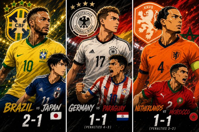 An illustrated sports graphic showing three football matchups with team logos and players: 'BRAZIL vs JAPAN 2-1', 'GERMANY vs PARAGUAY 1-1 (PENALTIES 4-3)', and 'NETHERLANDS vs MOROCCO 1-1 (PENALTIES 3-2)'.
