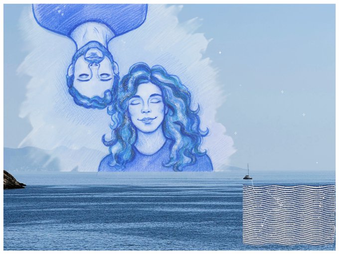 A surreal blue-toned illustration of a woman's face with closed eyes and flowing hair, with an inverted reflection of her face above, set against a seascape with a small sailboat and a striped rectangular shape.