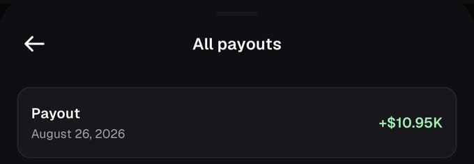 The image shows an "All payouts" screen displaying a single payout of +$10.95K dated August 26, 2026. This visual evidence supports the post's claim of earning around $11k, with the green "+" indicating a positive earnings record on the PumpFun app.