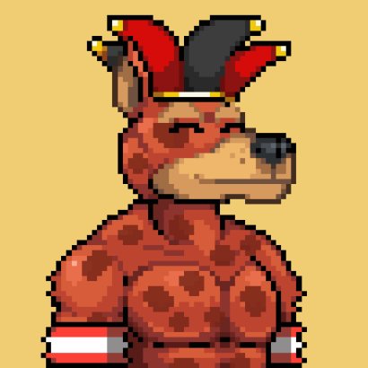 Pixel art of a humanoid red-spotted dog character wearing a red and black jester hat.