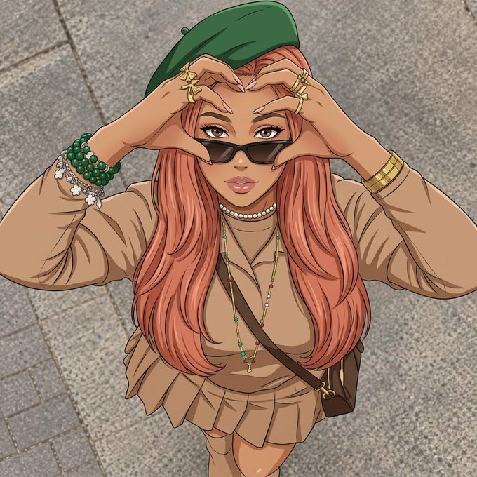 A stylized digital illustration of a woman with long salmon-colored hair, wearing a green beret, sunglasses, a tan outfit, and various bracelets and rings, posing with her hands forming a frame around her eyes.