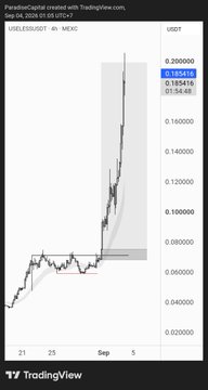 A TradingView price chart for $USELESS/USD (USDT) on a 4-hour timeframe shows a dramatic vertical price spike to 0.200000 (with a marked high of 0.186649), visually highlighting the massive +825% momentum trade referenced in the post by @ParadiseXBT_.