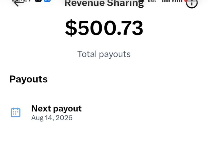 A mobile app screenshot showing 'Revenue Sharing' with 'Total payouts' of '$500.73' and a 'Next payout' scheduled for 'Aug 14, 2026'.
