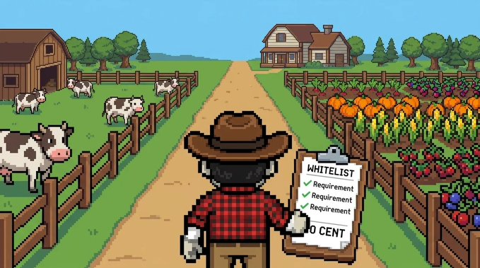 A pixel-art illustration of a farmer character in a red plaid shirt and cowboy hat holding a clipboard showing a 'WHITELIST' checklist with '100 CENT' text, standing on a dirt path between a cow farm and crop fields.