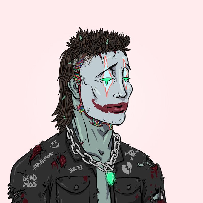 The image features a character with distinctive cyberpunk aesthetics, prominently displaying the "DeGods" logo on its attire. It suggests that the figure is part of the DeGods collection, likely indicating the image's relevance to a digital or virtual community associated with this cryptocurrency or NFT project.