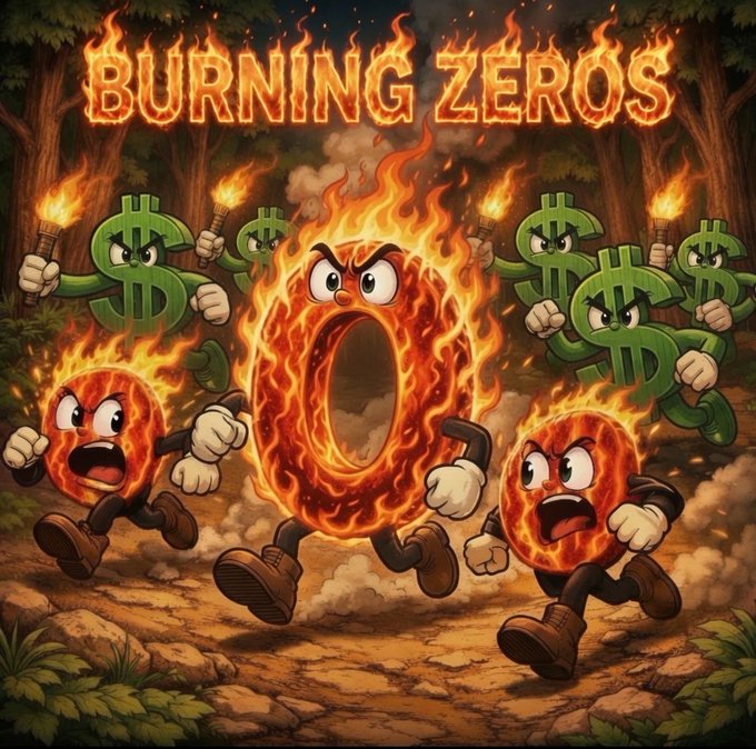 Fiery animated zero characters charge forward alongside torch-wielding dollar signs beneath the bold "BURNING ZEROS" title, visually capturing the aggressive momentum and community-driven energy promoted in the $BURNZEROS post.