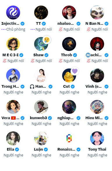 A grid of user profile avatars with names in Vietnamese, showing different status labels like "Chủ phòng" (host), "Người nói" (speaker), and "Người nghe" (listener).
