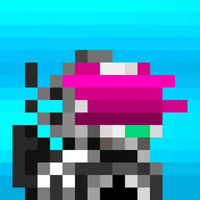 A pixel art portrait of a character with a bright pink hat and a small green patch on a cyan background.