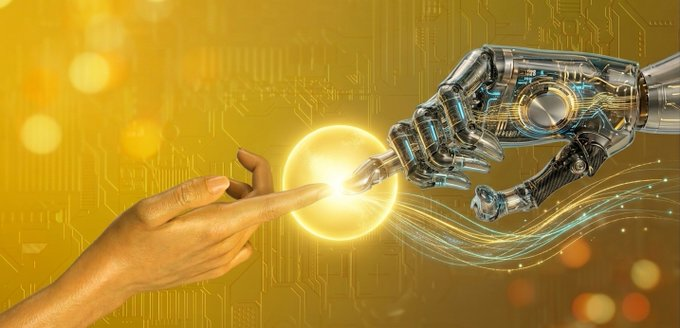 A human hand and a robotic hand reach toward each other, their fingers touching at a glowing golden orb against a circuit-board background, symbolizing the fusion of human and artificial intelligence. The imagery reflects the post's theme of WINkLink's sustainable utility value, where human-driven adoption meets automated, technology-powered ecosystem growth.