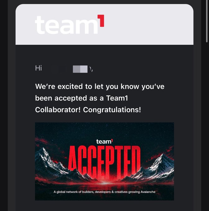 A Team1 acceptance email congratulating the recipient on becoming a Team1 Collaborator, featuring the team1 logo and a mountain 'ACCEPTED' graphic.