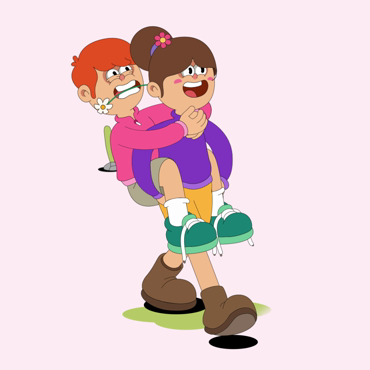 A cartoon illustration of two characters - a red-haired person with flowers in their mouth giving a piggyback ride to a smiling girl wearing a flower hair clip and green shoes, against a pink backdrop.