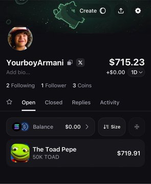 A profile page for "YourboyArmani" showing $715.23 in funds, 1 follower, 3 coins, and a holding of "The Toad Pepe" (50K TOAD) valued at $719.91.