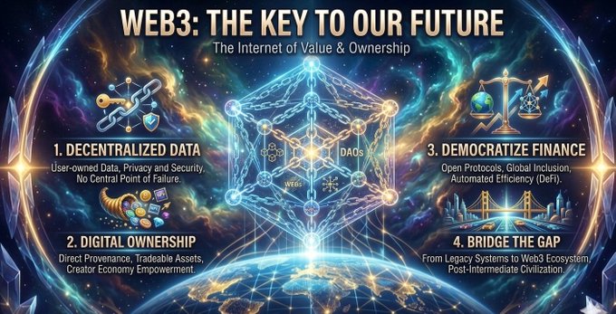 The image features a poster with a blue background, featuring a large hexagonal structure surrounded by stars and planets. The text "WEB3" is written at the top of the poster, followed by the phrase "The Internet of Value & Ownership". Below this, there are four bullet points explaining what WEB3 is: Decentralized data, Digital ownership, Empower Digital Ownership, Focus on what is in the image and how it relates to the post.