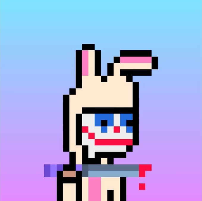 A pixel art cartoon of a blonde character with a wide open mouth and large blue eyes, set against a blue-to-pink gradient background.