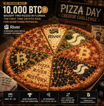 A large pizza with various toppings, including mushrooms and olives, is displayed on a table with a banner promoting a Pizza Day event.
