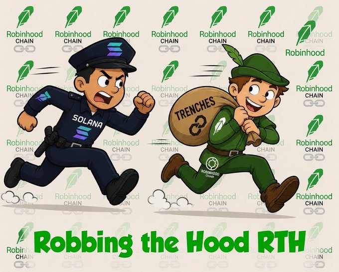 Cartoon-style illustration with 'Robinhood Chain' feather logos in the background, depicting a Solana-uniformed officer chasing a Robinhood Chain character carrying a sack labeled 'TRENCHES', with text reading 'Robbing the Hood RTH'.