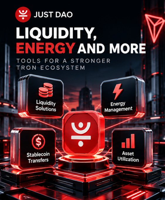 A 'JUST DAO' promotional image titled 'LIQUIDITY, ENERGY AND MORE' showing four feature cubes: Liquidity Solutions, Energy Management, Stablecoin Transfers, and Asset Utilization.