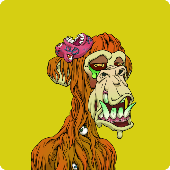 A cartoonish illustration of a grotesque, orange-furred ape-like mutant creature with sharp green teeth, bloodshot yellow eyes, and a pink parasitic worm-like creature emerging from its head, set against a bright yellow background. The image represents the "Mutant #13237" NFT from the Bored Ape/Mutant Ape Yacht Club collection, showcasing its grotesque, monstrous aesthetic in line with the post's caption "mutants are insane."