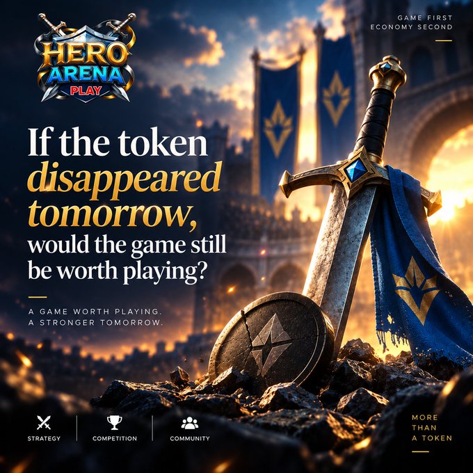 Promotional graphic for 'Hero Arena Play' game featuring a sword stuck in rocks with a shield, asking 'If the token disappeared tomorrow, would the game still be worth playing?' with tagline 'Game First, Economy Second' and 'More than a token'.