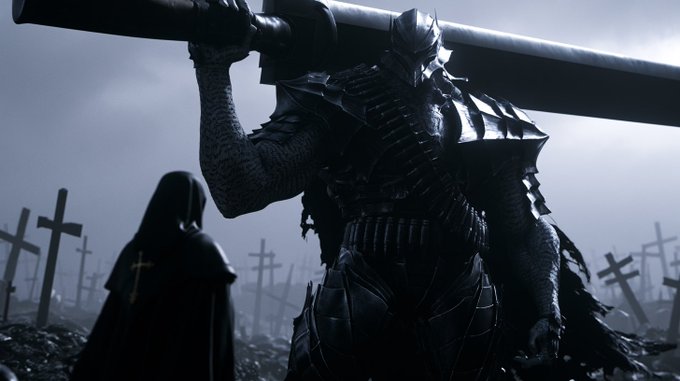 A dark fantasy image shows an armored knight carrying a massive sword on his shoulder in a graveyard with crosses, facing a hooded figure.