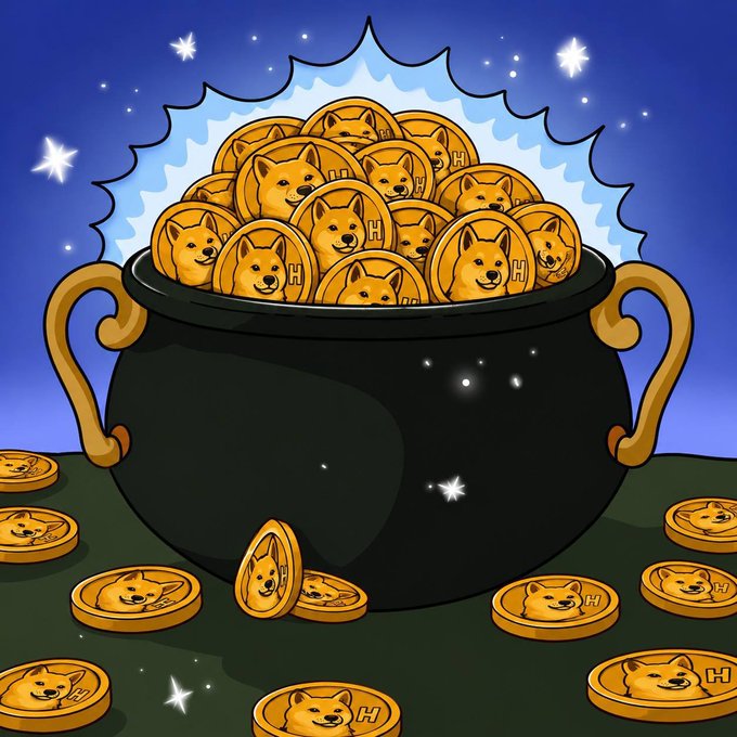 This image depicts a cauldron overflowing with golden coins featuring the Shiba Inu dog face, symbolizing the "Hachiko Inu" cryptocurrency and the community's hope for it to "go to the moon." The image relates to the post by visually representing the abundance of Hachiko Inu tokens held by loyal holders.