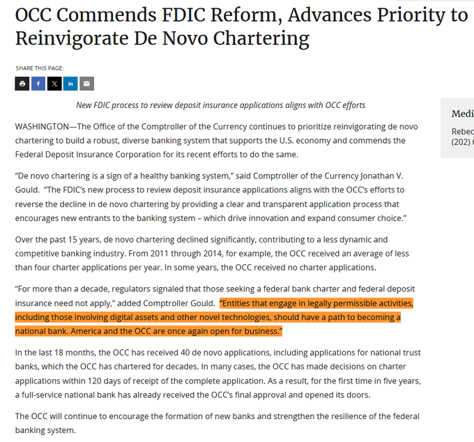 A news article titled 'OCC Commends FDIC Reform, Advances Priority to Reinvigorate De Novo Chartering' discussing Comptroller Jonathan V. Gould's statements about digital assets and banking.