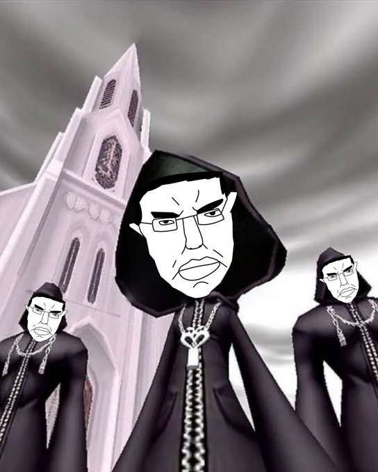 The image features a cartoon-like depiction of three people wearing black robes, with one person standing out as they are wearing glasses and holding a keychain. The background includes a church steeple or tower, suggesting that this scene might be set in an old town or historic area. The caption reads "Grabbed some more fxn", which could possibly be a reference to the fact that someone has taken a photo of them with their camera.