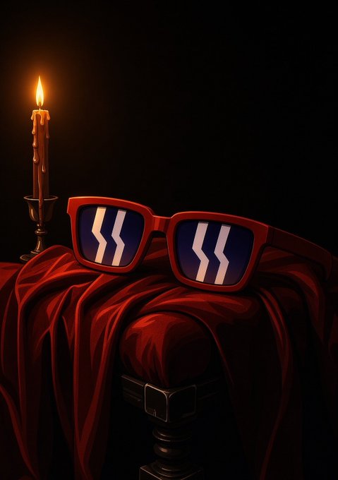A digital artwork showing red-framed sunglasses with arrow-like reflections resting on a draped red cloth next to a lit candle.