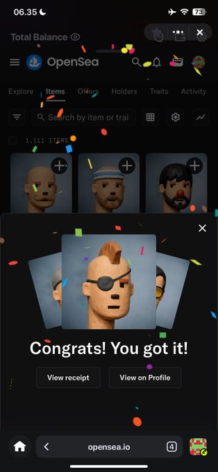 A screenshot of the OpenSea mobile app showing a 'Congrats! You got it!' message after acquiring an NFT, with a character featuring a mohawk and eye patch displayed in a celebratory pop-up with confetti.