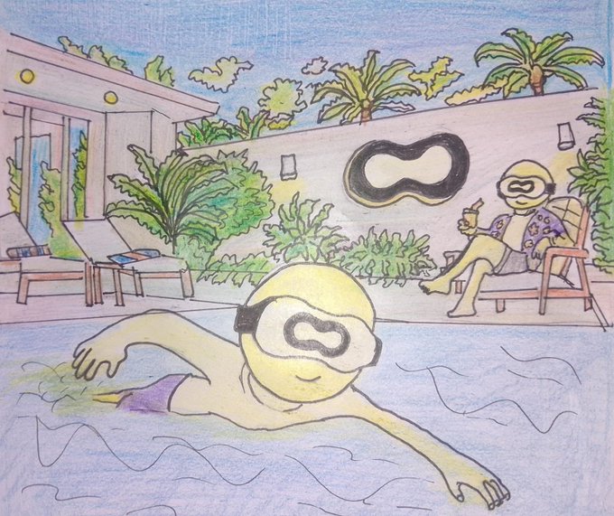 A colored pencil drawing depicts a relaxing poolside scene with two figures wearing abstract mask-like goggles, with one swimming and the other lounging on a chair by a wall with palm trees in the background.