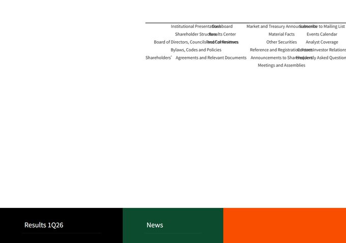 A webpage screenshot showing a menu with options like 'Institutional Presentation', 'Board of Directors', 'Market and Treasury Announcements', and banners for 'Results 1Q26' and 'News'.