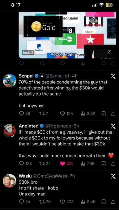 Screenshot of a Twitter/X thread discussing someone who won a $30k giveaway and deactivated their account, with users like @Senpai_o1, @Krptonoob, and @OmoIyaaWese offering their opinions.