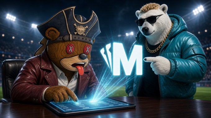 AI-generated illustration of two anthropomorphic animals—a pirate bear and a bear in sunglasses with a gold chain—pointing at a glowing 'M' logo on a digital tablet at a stadium.