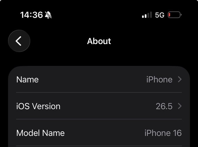 A screenshot of the "About" settings page on an iPhone showing device details: Name "iPhone," iOS Version "26.5," and Model Name "iPhone 16," supporting the post's announcement of acquiring a new device.
