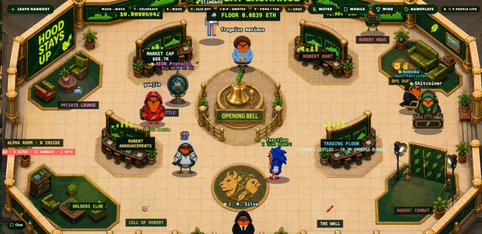 A pixel-art "robert" themed virtual stock trading floor with a central "Opening Bell" and labeled stations like "Private Lounge," "Market Cap," "Grocery Kart," and "Trading Floor," featuring a $0.00000942 price and a $1,562,000 market cap ticker. The image visually echoes the post's reference to "trenching together" on Robert Coin, matching the meme's playful, community-driven crypto trading vibe.