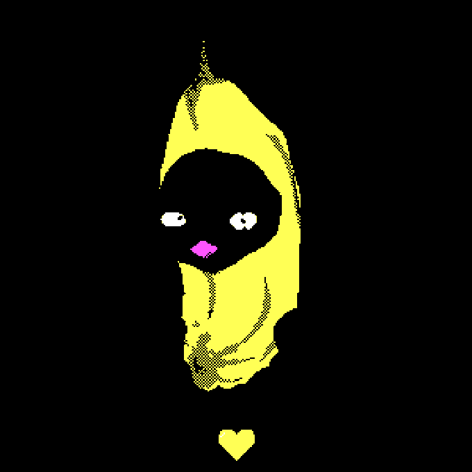A pixel art illustration of a figure in a yellow hooded cloak with a black face, white eyes, and a small pink mouth, with a yellow heart below.