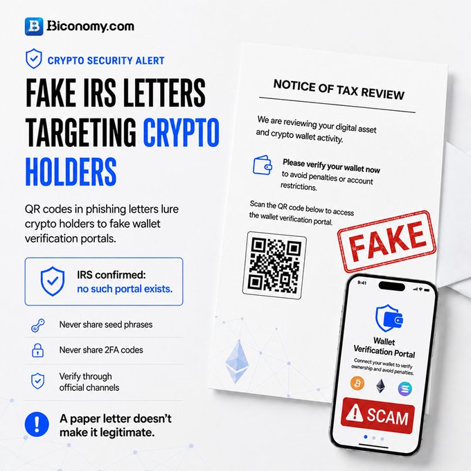Biconomy.com crypto security alert warning about 'FAKE IRS LETTERS TARGETING CRYPTO HOLDERS,' showing a fake tax review letter with QR code marked 'FAKE' and 'SCAM' on a phone screen.