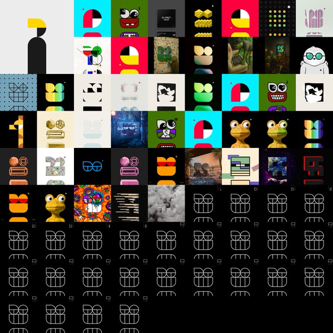 A grid collage of various digital art and graphic design tiles featuring stylized characters, abstract faces, and icon motifs on dark backgrounds.