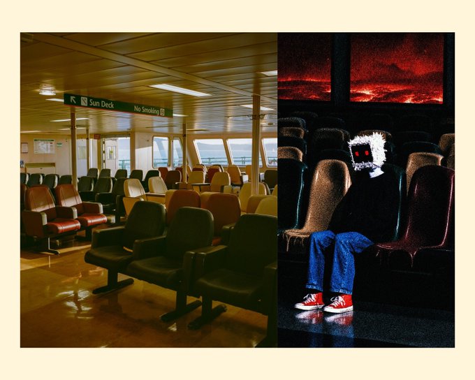 A diptych image showing an empty ferry cabin with green seats and a "Sun Deck / No Smoking" sign on the left, paired with a dark right panel featuring an ominous figure with glowing red eyes in jeans and red sneakers seated among shadowed chairs with a blood-red sky visible through windows—illustrating the haunting "last ferry" art piece by Kristopher Shinn.