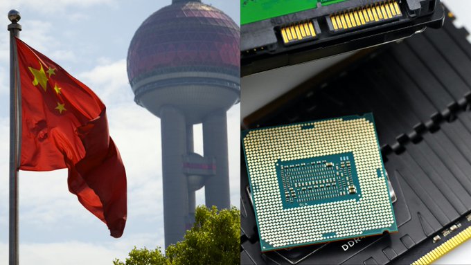 The image juxtaposes a Chinese flag flying in front of Shanghai's Oriental Pearl Tower with a close-up of a computer chip, symbolizing China's chip sector amid a story about a Hyperliquid trader's massive $425 billion valuation of a Chinese chip company before its IPO.