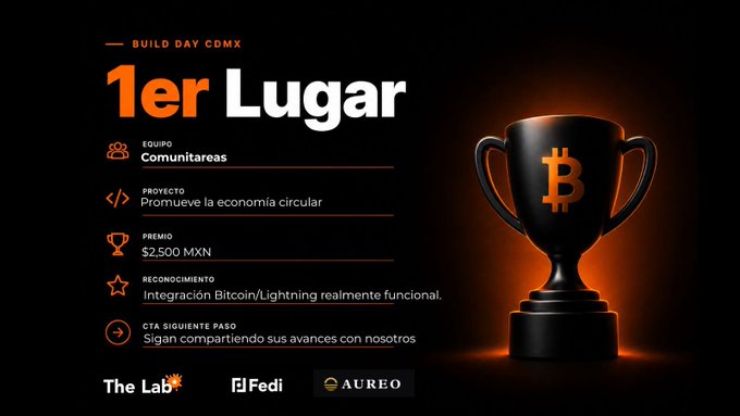 The image features a black trophy with an orange border that reads "1er Lugar!". The trophy is placed against a dark background, making it stand out prominently. Below the trophy, there's text written in Spanish explaining the trophy's purpose and how it can be used for promoting Bitcoin and lightning speed transactions.