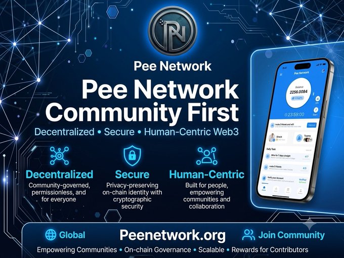 Promotional graphic for Pee Network ($PN) displaying its "Community First" branding and Web3 features—Decentralized, Secure, and Human-Centric—alongside a smartphone mockup of the app interface (showing a balance of 2256.0084) and the website PeeNetwork.org.

The image directly reinforces the post's message by visually showcasing Pee Network's commitment to building a decentralized, secure, and community-driven blockchain ecosystem, encouraging viewers to start mining $PN and join the platform via PeeNetwork.org.