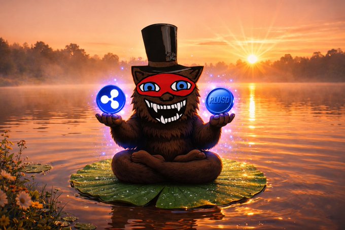 A mystical XRP-themed creature wearing a top hat meditates on a lotus pad at sunrise, holding glowing Ripple (XRP) and RLUSD coins in its hands against a serene lake backdrop. The image symbolizes calm confidence and bullish optimism, matching the post's message of institutional momentum and the anticipated push toward $2.